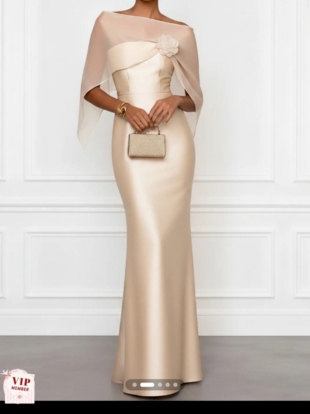 Champagne 3D Floral Satin Boat Neck Short Sleeve Sheath Gown Dress with Capelet